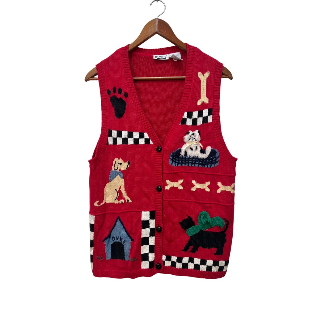 Capacity Petite Red Dog Theme Knit Sweater Vest Vintage Style Large Grandmacore